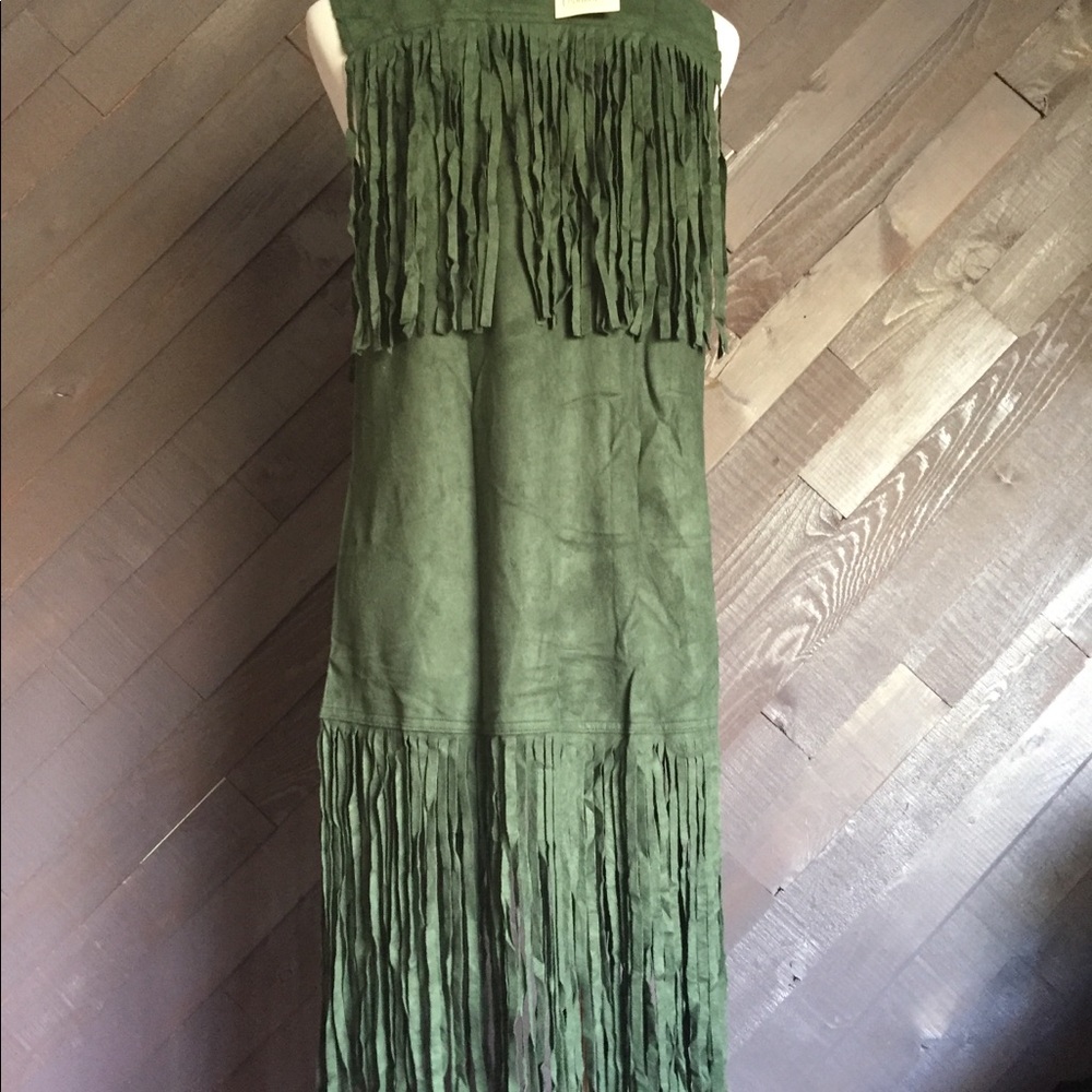 Green Suede Like Long Fringed Vest  - Picture 3 of 7